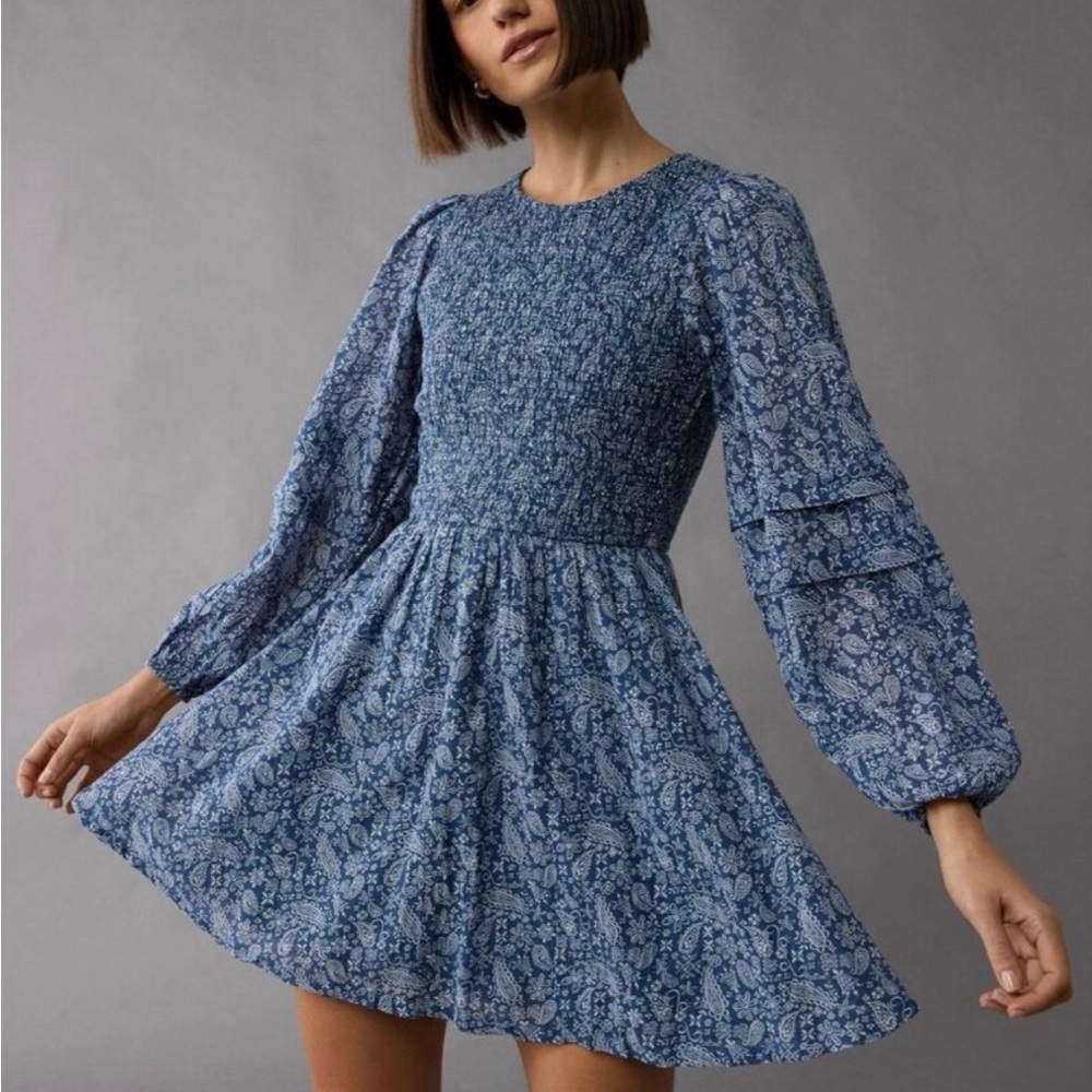 American Eagle Outfitters Blue Patterned Long Sleeve Dress